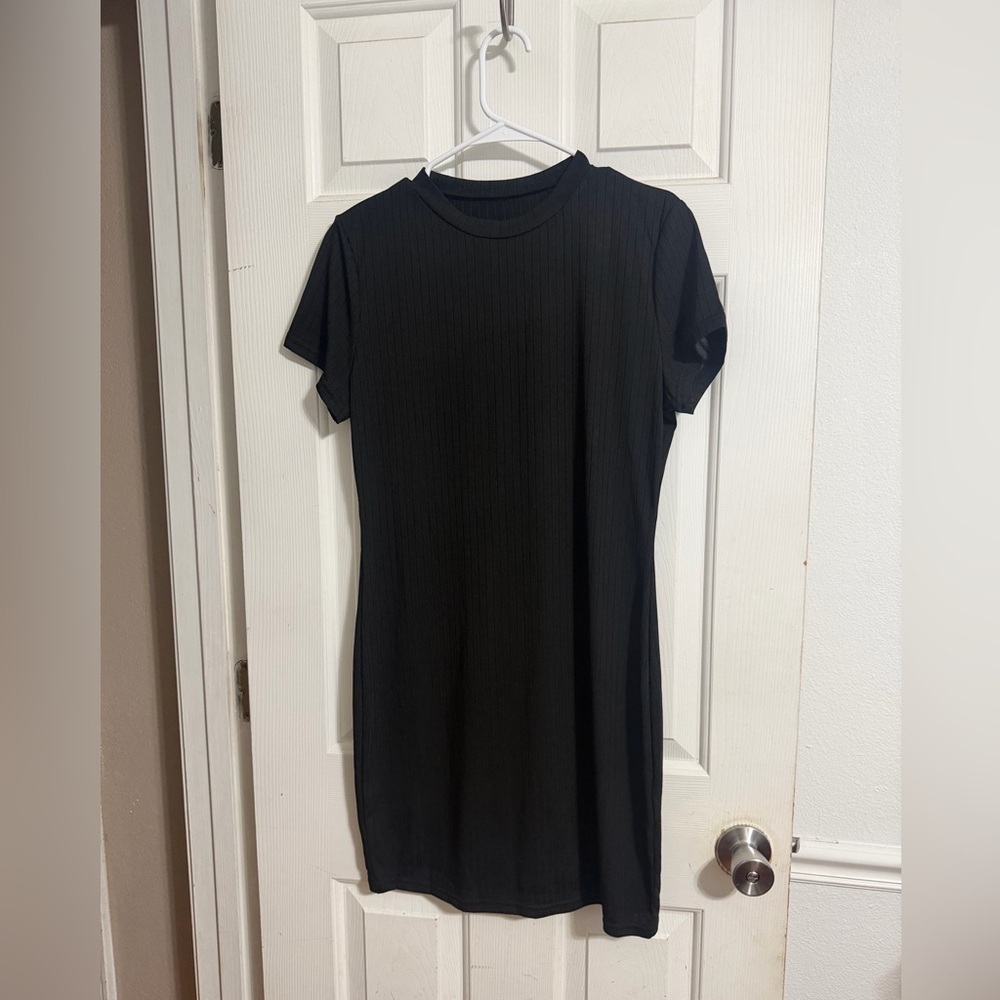 Black Ribbed Short Sleeve Scoop Neck T Shirt Dress Size L